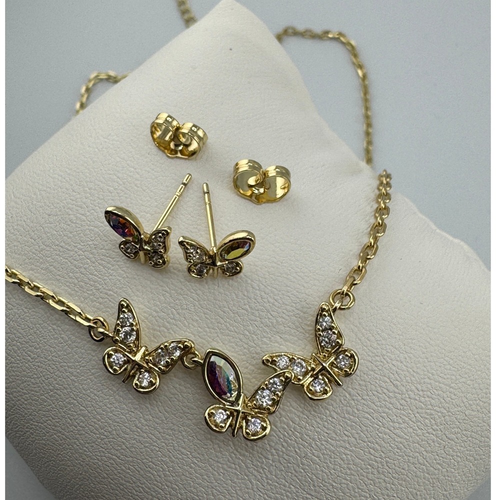 Gold Tone Iridescent Crystal Butterfly Necklace and Stud‎ Earring Jewelry Set